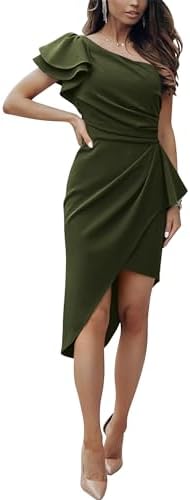 BTFBM Women 2025 Summer Fashion Elegant One Shoulder Cocktail Dress Ruffle Sleeve Wrap Ruched Bodycon Short Party Dresses