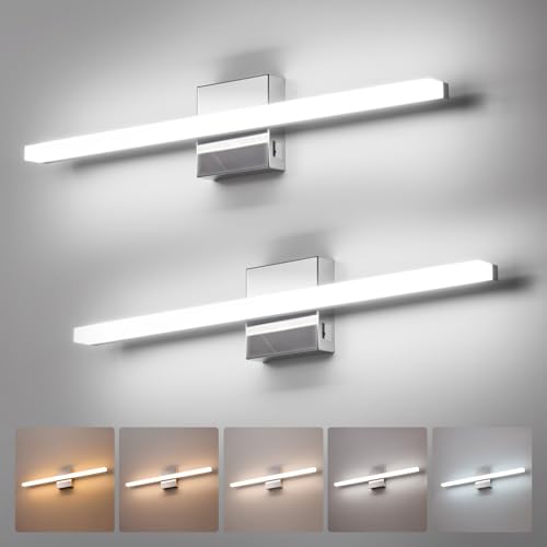 Image of Combuh Vanity Light Fixtures for Mirror, Modern Bathroom Wall Sconce Chrome | 24 Inch Long, Soft Shadow Free, Linear Lamp Bar, Power Room, Luces para Bano, Splash-Resistant, 5 Color Adjustable, 2 Pack