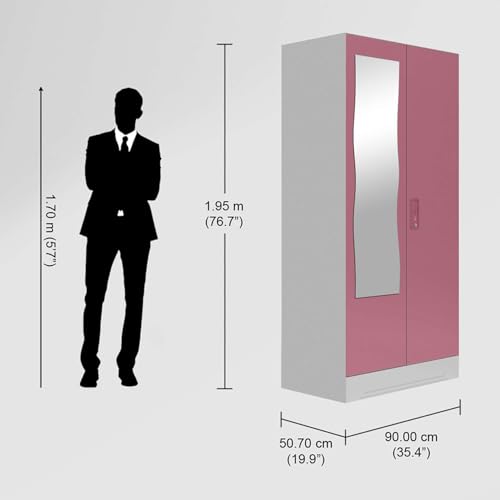 Image of Interio by Godrej Almirah Slimline 2-Door Steel Almirah, Cupboard for Clothes (Royal Ivory and Dusty Rose), 1-Year Warranty, 1 Locker, 4 Shelves and Curvilinear Mirror