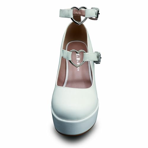 Women's Sexy Thick Heels Platform Heart Buckle Strap Mary Janes High Heel Round Toe Goth Shoes (White, US, 7.5)4