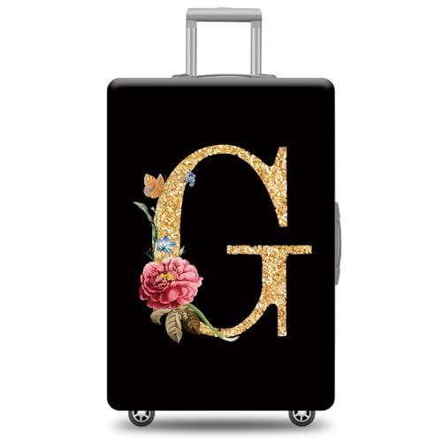 Letter G Luggage Cover Floral Monogram Initial Suitcase Cover Elastic Washable Travel Suitcase Protector Fits 22-24 Inch Black Yellow