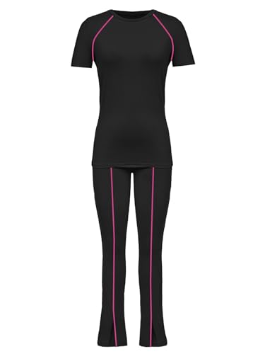Image of STOLKISS Women 2 Piece Outfits Summer Workout Sweatsuit Striped Short Sleeve Long Flare Pants Casual Travel Tracksuit