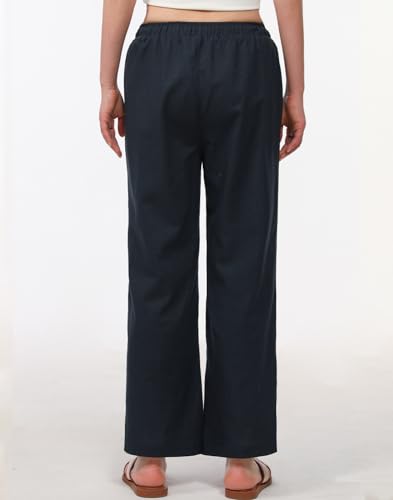 Bonnorth Women's Cotton Linen Elastic Drawstring Waist Loose Wide Leg Solid Pants with Pockets4