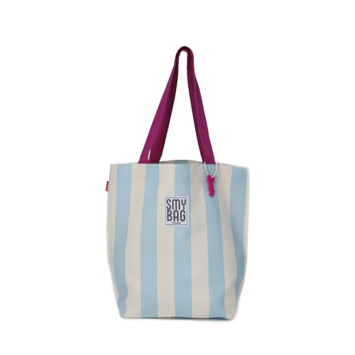Ponette - Bolsa de Playa Individual Estampada con Rayas Anchas Crudas y Azules, Asas Color Morado, Forro, Bolsillo, Playa, Piscina, Tote, Marca Española