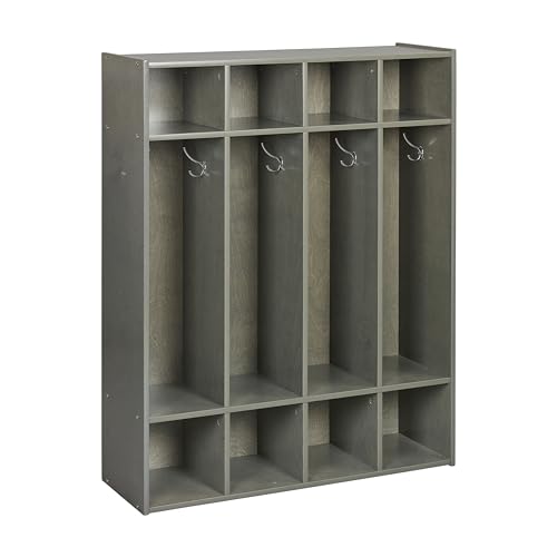 Image of ECR4Kids Streamline 4-Section Coat Locker with Cubby Storage, Classroom Furniture, Grey Wash | Durable birch, GREENGUARD Gold Certified, 160 lb capacity, 8 double coat hooks, anti-tip kit, classroom & home organization