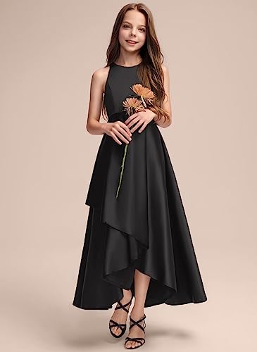 A-line Scoop Asymmetrical Satin Junior Bridesmaid Dress Flower Girl Dresses for Wedding with Cascading Ruffles2