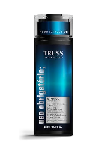 Frasco de shampoo Truss Uso Obrigatório de 300ml com embalagem preta e detalhes em azul degradê, exibindo informações sobre nano reconstrução e óleo de monoi.