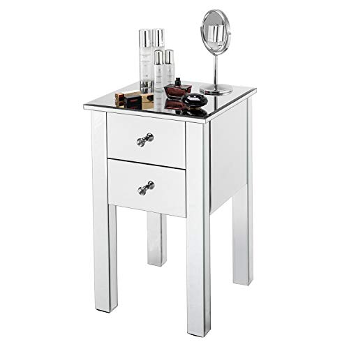 Kiwifruit Mirrored Nightstand End Tables 2 Drawers Mirror Accent Side Table Modern Beside Table Silver w/Crystal-Style Knobs for Bedroom, Living Room Silver, (11.81 x 11.81 x 23.62)” (L x W x H)