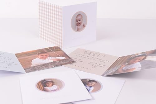 D DECOZOOM Tarjeta de Invitación Personalizada para Bautizo, Primera Comunión y Bodas, Diseño Minimalista con Foto, Color Blanco