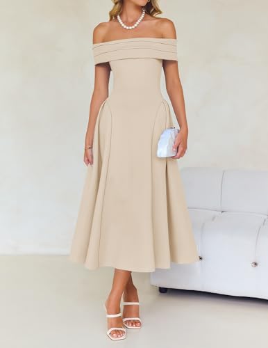 Image of ZESICA Summer 2026 Cocktail Dresses for Women's Off Shoulder Short Sleeve Swing A Line Wedding Evening Party Midi Dress
