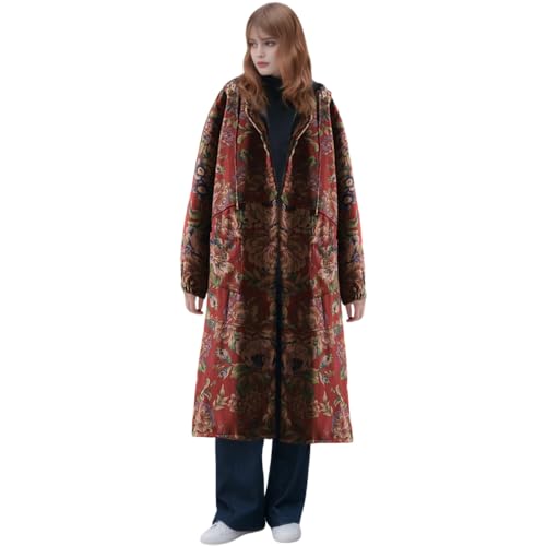 Akivide Womens Floral Print Drawstring Hooded Button Down Long Trench Jacket Oversize Vintage Warm Casual Coats with Pockets