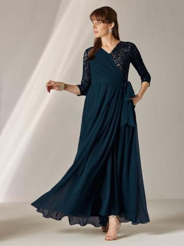 Image of Miss Chase Women's V-Neck Full Sleeve Self Design Lace-Overlaid Georgette Maxi Dress