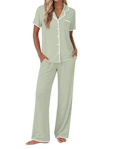Image of Ekouaer Pajamas for Women Set Button Up Soft Pjs Short Sleeve 2 Piece Lounge Sets Comfy Sleepwear