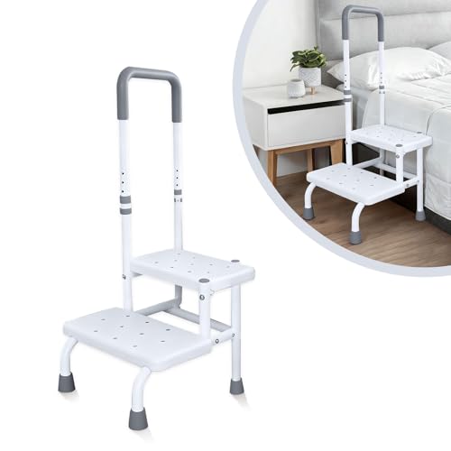 YUZINO 2 Tiers Bath Step with Handle Bath Steps for Getting Into and Out of Bath Heavy Duty Steps for Elderly 5-Level Height Adjustment Supporting Up to 300 Lbs Footstool for Bed Kitchen Bathtub