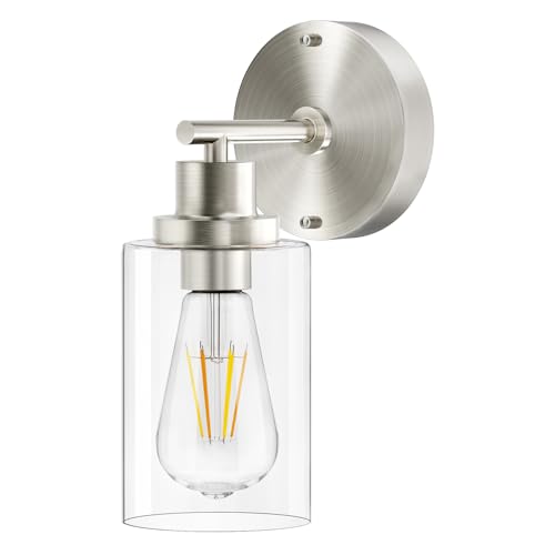 BUTHY Brushed Nickel Wall Light: LED Wall Sconces Indoor, Modern Sconces Wall Lighting with E26 Base and Clear Glass Shade, Wall Light Fixtures for Bedroom, Hallway, Mirror, Living Room