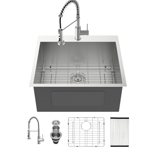 Image of Kichae 25 Laundry Sink with Faucet - 25x22 Drop In Utility Sink 12 inch Deep Topmount Single Bowl Stainless Steel Single Bowl Kitchen Sink Handmade Basin with Pull Down Faucet Combo