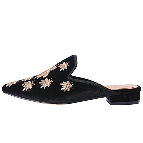 Image of Fericzot Women's Velvet Backless Pointed Toe Slip On Loafers Flats Embroidery Mule Slippers Shoes