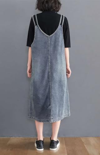 Image of ebossy Women's Sleeveless V Neck Denim Overall Jumper Dress Casual Loose Double Spaghetti Straps Midi Jean Dress
