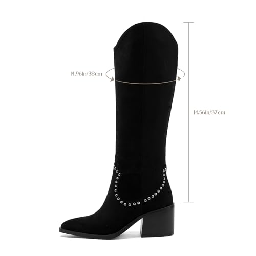 Image of GOSERCE Suede Knee High Boots for Women Pointed Toe Chunky Heel Tall Fall Boots Side Zipper with stud Details Black 10.5
