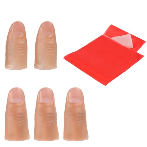5 peças de truques mágicos de polegar mágico, ponta de polegar, truque de magia para dedos, acessórios de plástico macio, acessórios para dedos, truque de magia, acessórios e 1 pano vermelho de treino