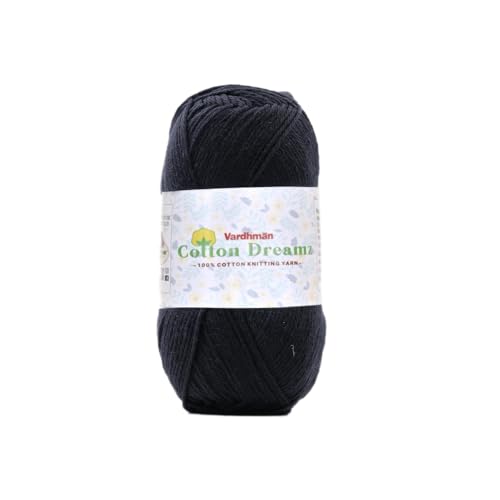 Image of Vardhman 100% Cotton Dreamz Light Weight Natural Thin Yarn | Pack-1 100g | Knitting & Crochet Projects | Soft Natural Yarn | Ideal for Garments, Summer Wear & Accessories | Jet Black, CJH006