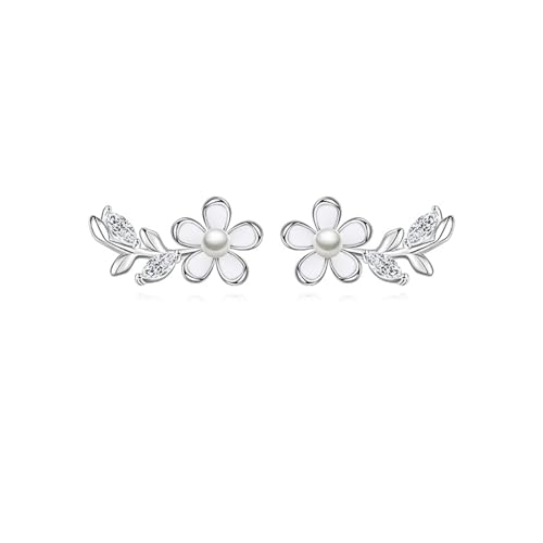 Reffeer Solid 925 Sterling Silver Flower Stud Earrings for Women Teen Girls CZ Leaf Post Stud Earrings Pearl Flower Studs
