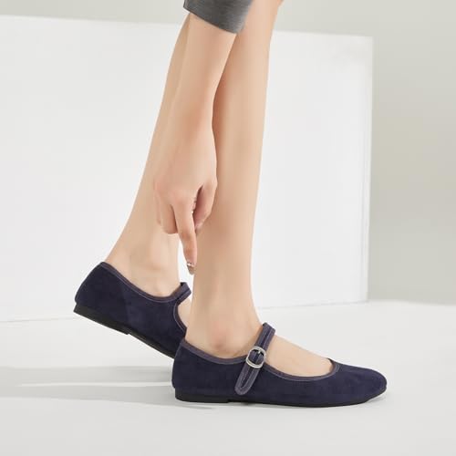 Image of BABUDOG Womens Mary Jane Flats with Strap,Faux Suede Black Flats Shoes,Flats Shoes Women Dressy Comfortable