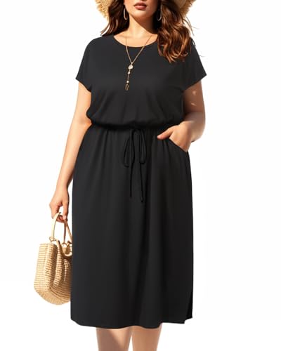 Plus Size Women Dress Summer T Shirt Short Sleeve Casual Church Funeral Midi Tie Waist Dresses Pockets Drawstring Black