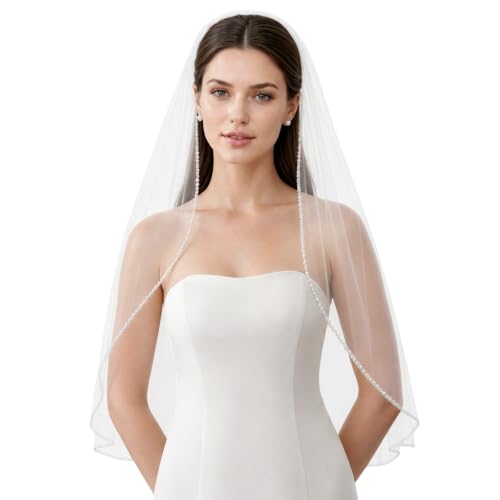 GAODESI Wedding Veil Pearls and Crystals Beaded Edge 1 Tier Fingertip Length Bridal Veil
