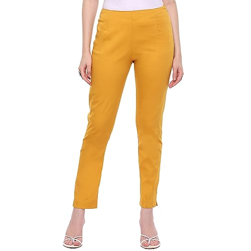 Image of Rangriti Peach Poplin Lycra Slim Solid Slim Pants for Women