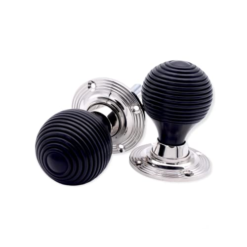 Infinity Decor Pair of Traditional Style Ebony Wood Beehive Rim Door Knobs Set 55mm Polished Nickel Rose Wooden Handles - Image 2