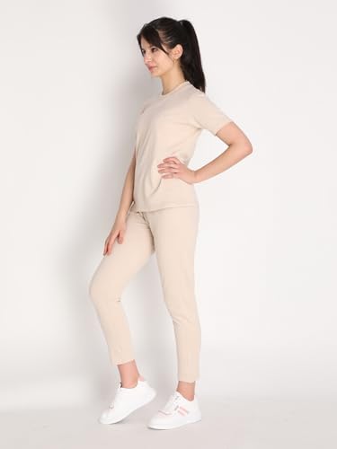 Image of CHKOKKO Casual Co ord Set For Women Stylish Summer Wear Cord Half Sleeves Round Neck Track Suit Coords Travelling Outfit Western Ladies Co ords Pastel Beige L