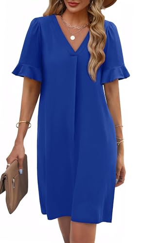Image of OFEEFAN Summer Dresses for Women Ruffle Short Sleeve V Neck Casual Shift Dress with Pockets