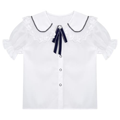 Girls Button Down Shirt Puff Short Sleeve Oxford Blouse Cute Baby Collar Bowtie School Uniform Dress Shirt3