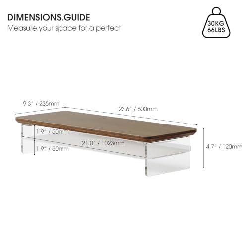 Image of Fenge 23.6 inch Dual Monitor Stand with Clear Acrylic Legs, Brown | Clear Acrylic, Storage Compartment, 2-tier Home Office Monitor Riser, Desktop Shelf Fit Monitor /Laptop /Printer