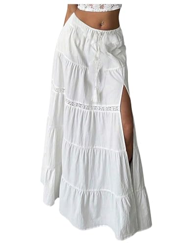 SOLY HUX Women's Summer Split Maxi Skirt Tie Front Elastic Waist Lace Ruffle Hem Long Flowy Skirts3