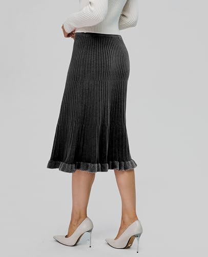 Women's Knit Skirt Midi Pleated Skirts, High Waist Elastic A Line Long Sweater Skirts for 2024 Fall Winter2