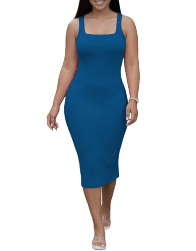 Image of TOPSRANI Women Sexy Midi Dress Bodycon Casual Sleeveless Basic Ruched Tank Summer Club Party Dresses