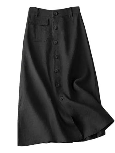 Cotton Midi Skirts Casual Button Up A-Line Skirt Women High Waist Summer Solid Vintage Skirt