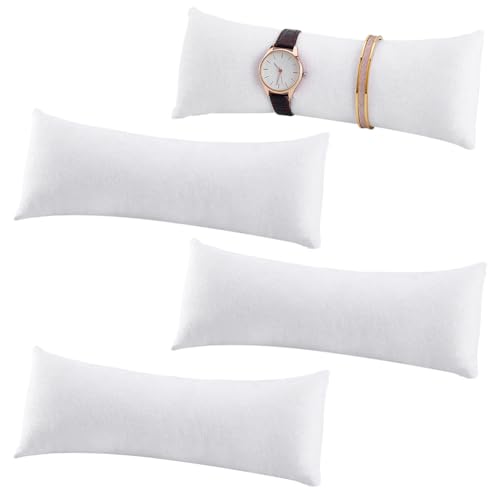 PH PandHall   Paquete de 4 almohadas largas para exhibición de relojes de 8.6 x 3.2 x 4.9 pulgadas, almohada blanca de arpillera, almohadas de exhibición de joyas, cojín para pequeñas empresas, ventas