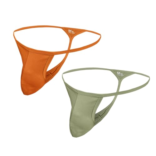 2-Pack Jock Strap Men's Thong Underwear and G-String Cotton Breathable Underpants for Male Athletic Supporters Green Orange3