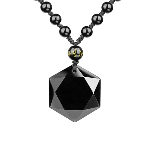 VIKCAUX Hexagram Necklace Black Obsidian Stone Talisman Protection Pendant with Adjustable Bead Chain Lucky Star Healing Crystal Necklace for Women Men