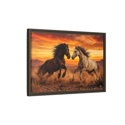 Tableau chevaux sauvages au coucher du soleil 60x40cm encadré espresso