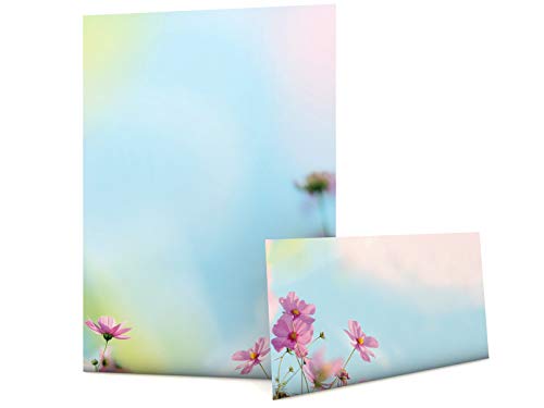 Paperandpicture.de - Set di carta da lettera Cosmea, 20 fogli A4 + 20 buste formato DIN lungo, a stampa intera per scrittura a mano, stampanti o fotocopiatrici
