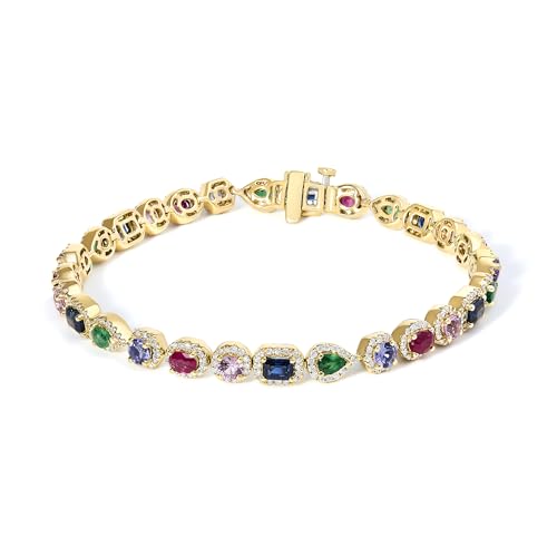 14K Yellow Gold Multi-Gemstoneand Diamond Halo Rainbow Tennis Bracelet
