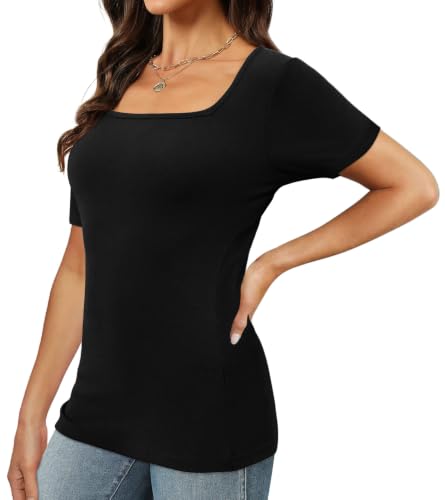 Image of XIEERDUO Womens Square Neck Short /Long SleeveTops 2024 Spring Summer Slim Fit Tees Shirts