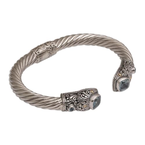 NOVICA Artisan Handmade Blue Topaz Gold Accent Cuff Bracelet Sterling Silver with Accents Tone Indonesia Gemstone Birthstone [6 in L (end to End) x 0.5 in W] ' Dazzling Crest'3