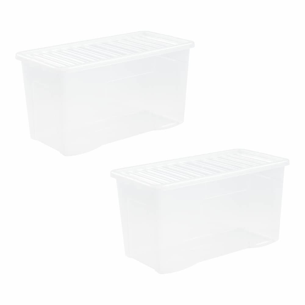JMS we create smile Crystal 110L Clear Plastic Storage Boxes with Lids. Large Size, Strong (Pack of 2, 110 Litre) Made in the UK.