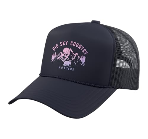 Montana Vintage Mountains Bear Nature Lover Trucker Hat with Adjustable Mesh Back, Navy Blue