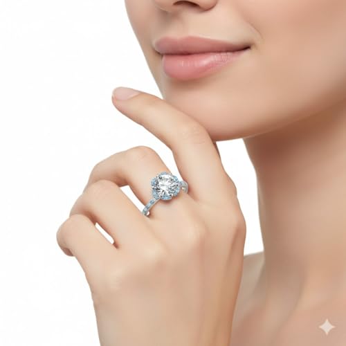 Image of 55Carat Choose Your Gemstone 6 Petal Ring Sterling Silver Round Shape Halo Engagement Rings Well Shaped for Any Gift Giving Occassion Modern Style Enchating Women US Size 4 to 12